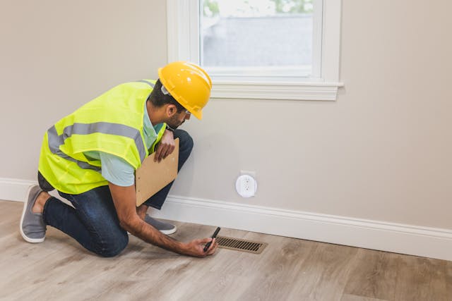 a-construction-worker-wearing-a-yellow-hard-hat-and-safety-vest-inspects-a-floor-vent-in-a-room-holding-a-clipboard-and-flashlight