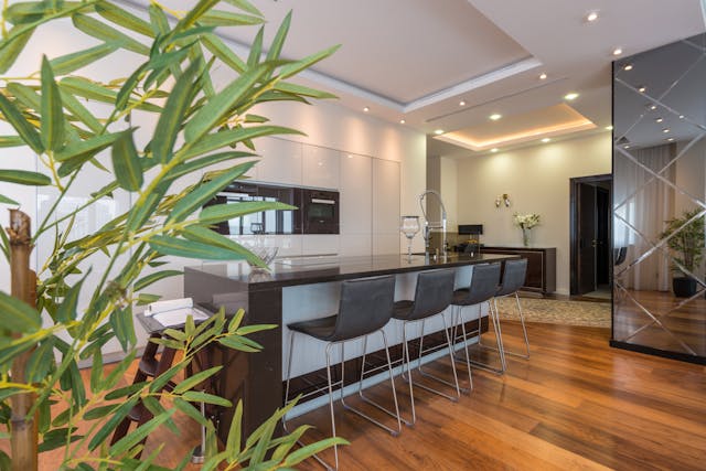 a-stylish-kitchen-with-a-long-island-six-black-bar-stools-glossy-cabinets-wooden-floors-and-decorative-plants