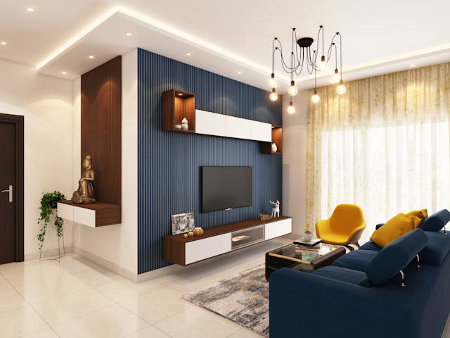 living-room-with-a-blue-couch-and-a-television