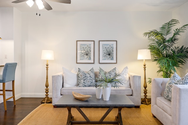 living room with white wall with a grey couch and two framed prints above it