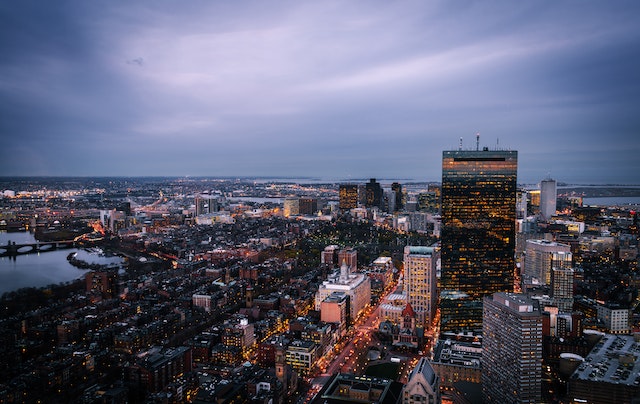 overhead view of the downtown Boston skyline at night