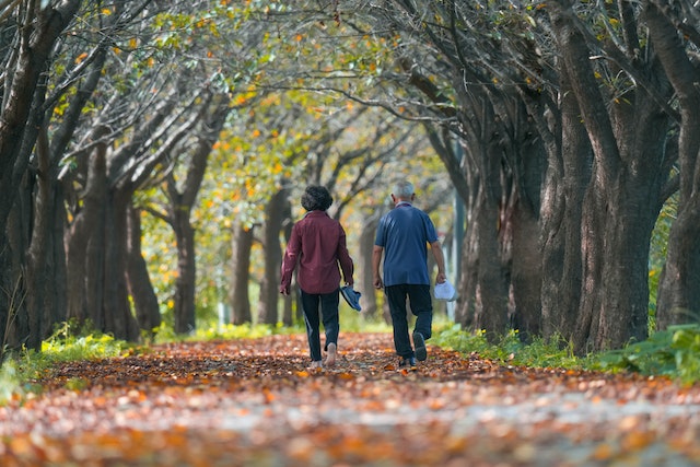two people walking in the park during Autumn with leaves on the ground